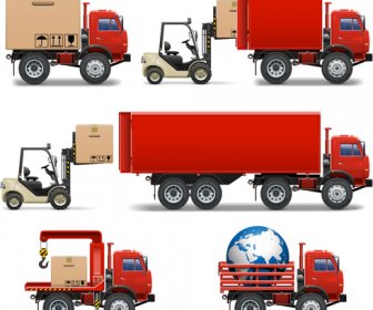 Red Truck With Forklift Vector Set