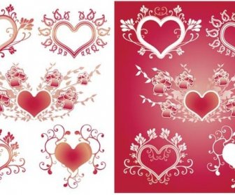 Red Valentine Hearts Set In Floral Vintage Style Vector