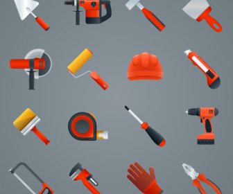 Red Working Tools Icons Vectors