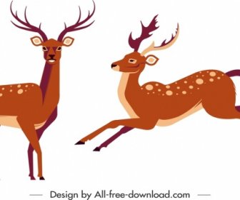 Reindeer Icons Colored Cartoon Characters Sketch