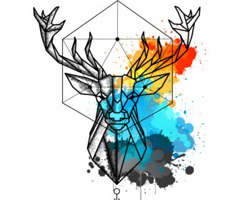Reindeer Tattoo Template Symmetric Lowpoly Colorful Grunge Decor