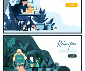 Relax Time Banners Resting Lady Sketch Cartoon Design