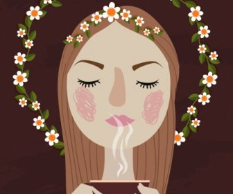 Entspannte Frau Zeichnen Blumendekoration Kranz Tee Tasse