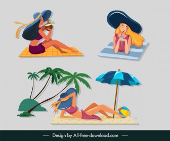 Relajante Chica Iconos Playa Vacaciones Boceto Personajes De Dibujos Animados