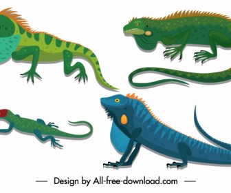 Reptile Creatures Icons Salamanders Gecko Sketch Colorful Design