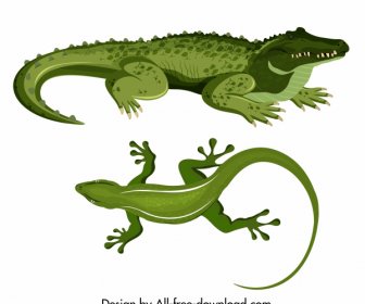 Reptilien Arten Symbole Krokodil Gecko Skizzieren Grünes Design