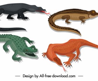 Reptile Species Icons Frightening Alligator Salamander Sketch
