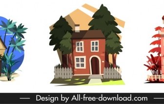 Residential House Icons Colored Classical Sketch