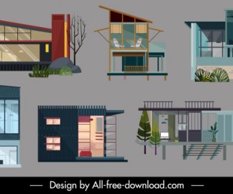 Residential Houses Icons Collection Colored Contemporary Sketch