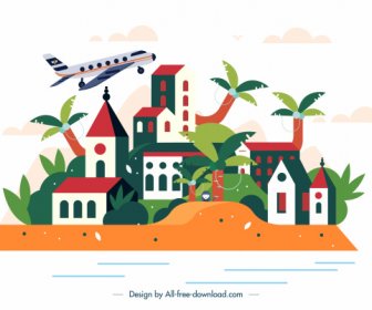 Residential Town Background Houses Airplane Sketch