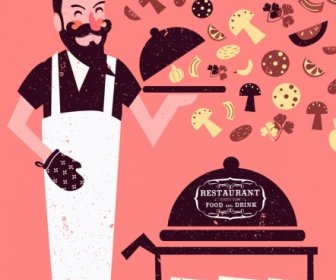 Ristorante Pubblicità Banner Cuoco Ingredienti Fette Icone Decori