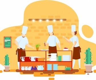Restoran Arka Plan Aşçılar Hazırlanıyor Yemek Simgesi Karikatür Kroki