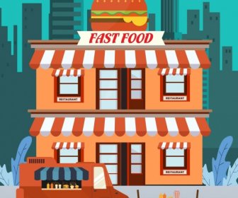 Restoran Arka Plan Fast Food Tema Karikatür Tasarımı