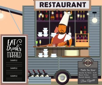 Restoran Arka Plan Mobil Booth Yemek Simgesi Karikatür Tasarım