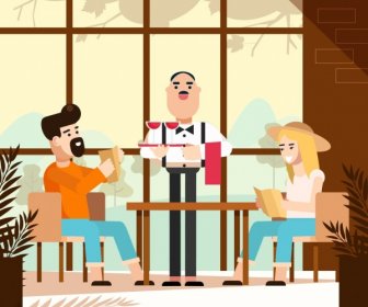 Restaurant Background Waiter Guest Icons Cartoon Characters