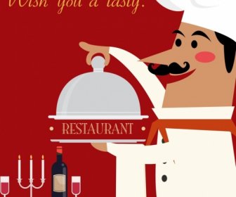 Ресторан баннер Кука посуды иконы цветной мультфильм