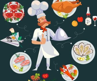 Restaurant Design Elements Cook Food Icons Cartoon Design