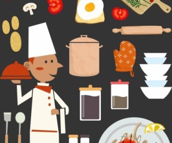 Elemen Desain Restoran Memasak Bahan-bahan Makanan Ikon Peralatan Dapur