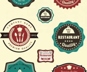 Restaurant Labels Collection Colored Flat Shapes Classical Design