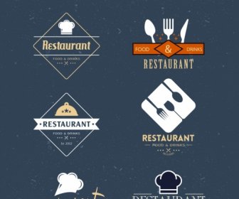 ห้องอาหาร Logotypes ชุดช้อนส้อมไอคอนข้อความตกแต่ง