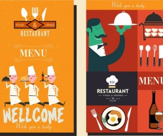 Restaurant-Menü-Cover-Vorlagen Cartoon Charaktere Klassisches Design