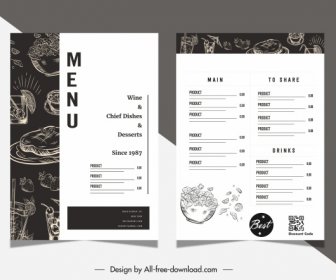 Restaurant Menü Vorlage Kontrast Schwarz Weiß Retro Handgezeichnet