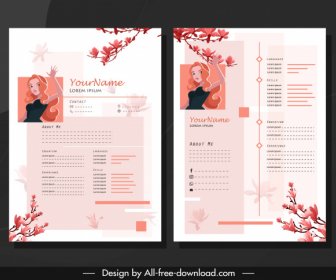 Resume Template Girl Floral Branch Decor Classical Design