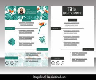Resume Template Nature Theme Floral Leaves Decor
