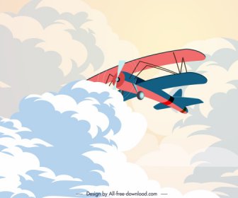 Retro Flugzeug, Das Dekor-Karikaturdesign Des Bewölkten Himmels Malt
