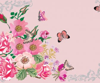 Retro-Blumen Mit Schmetterlingen Rahmenhintergrund