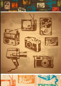 Retro Hand Drawn Recorder With Tv And Camera Vector Patterns