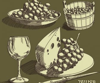 Retro Hand Drawn Wine Elements Vector Collection