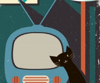레트로 홈 배경 빈티지 텔레비전 고양이 아이콘 장식