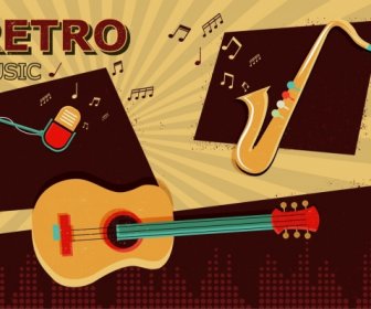 Notas De La Música Retro Fondo Guitarra Trompeta Micrófono Iconos