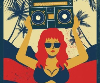 Retro Music Party Banner Bikini Girl Cassette Icons
