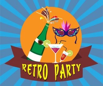 Retro-Party-Banner-Design Mit Bunten Illustrationen