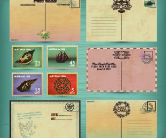 レトロなポストカードと切手デザインのベクトル