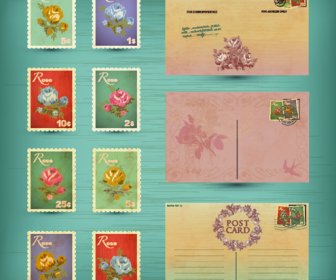 レトロなポストカードと切手デザインのベクトル