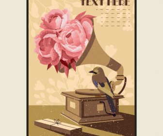 Retro Poster Template Floral Bird Ancient Speaker Decor
