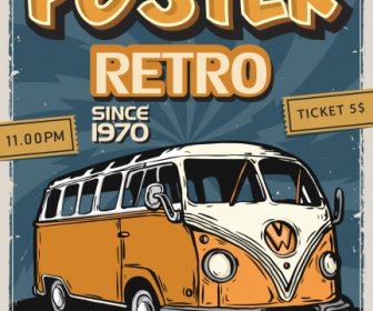Retro Poster Template Handdrawn Sketsa Bus Klasik