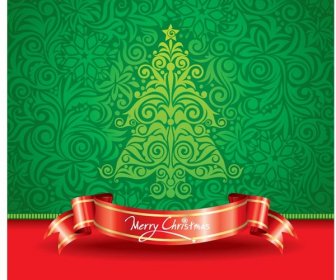 Retro Style Christmas Tree Wallpaper With Red Ribbon Banner Vector