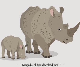 Rhino Animals Icons Mother Baby Sketch 3d Design