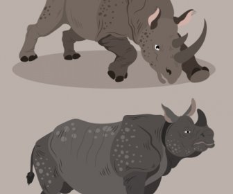Rhino Species Icons Handdrawn Cartoon 3d Sketch