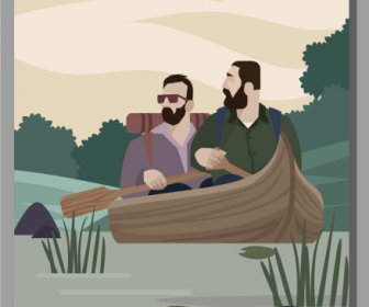 Cartel De Viaje Río Remando Barco Dibujo Diseño De Dibujos Animados