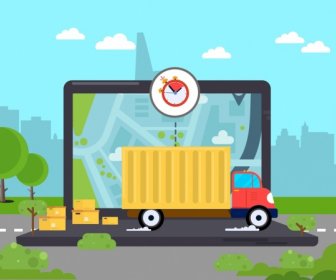 Road Logistics Background Truck Screen Freight Icons