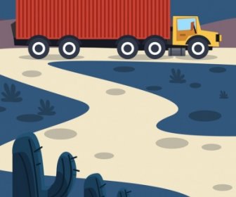 Road Logistics Drawing Trailer Icon Colored Cartoon Design