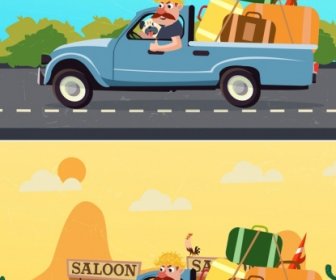Road Trip Drawing Car Luggage Man Colored Cartoon