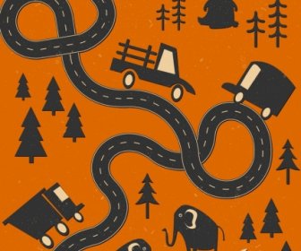 Roadway Map Sketch Black Design Cars Animals Icons