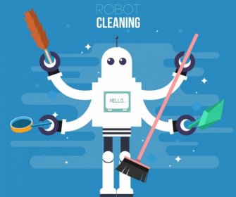Robot Cleaning Advertising Multi Hands Character Icon
