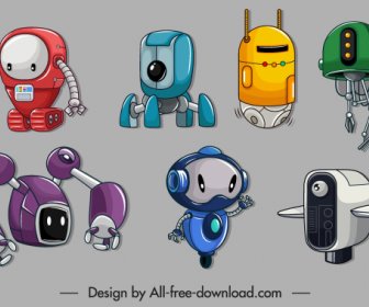Robot Icons Colored Modern Sketch